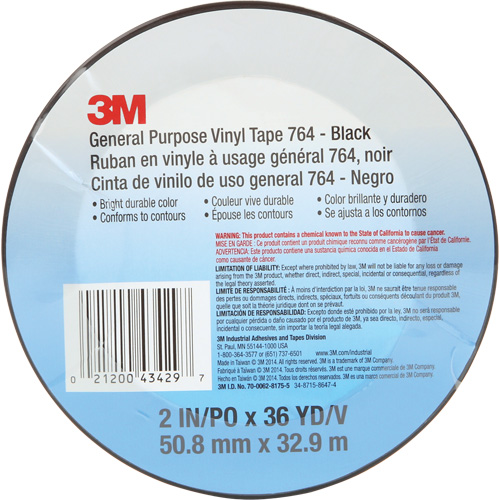 Ruban en vinyle pour travaux g&eacute;n&eacute;raux 764, 50,8 mm (2") la x 32,9 m (108') lo, 5 mils, Noir Equipment World