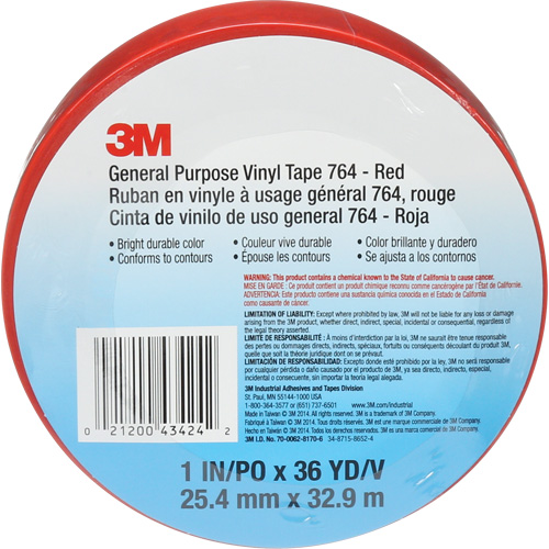 Ruban en vinyle pour travaux g&eacute;n&eacute;raux 764, 25,4 mm (1") la x 32,9 m (108') lo, 5 mils, Rouge Equipment World