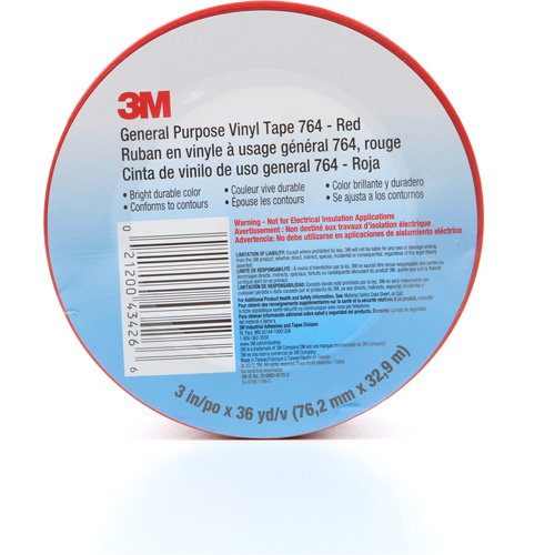 Ruban en vinyle pour travaux g&eacute;n&eacute;raux 764, 76 mm (3") la x 32,9 m (108') lo, 5 mils, Rouge Equipment World