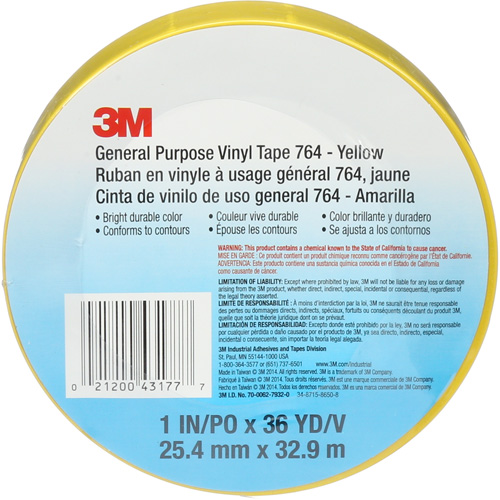 Ruban en vinyle pour travaux g&eacute;n&eacute;raux 764, 25,4 mm (1") la x 32,9 m (108') lo, 5 mils, Jaune Equipment World