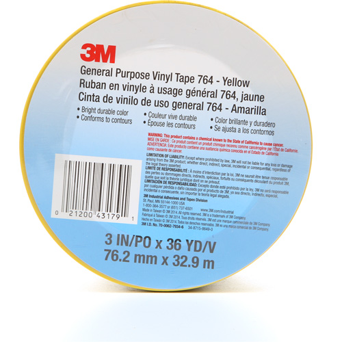 Ruban en vinyle pour travaux g&eacute;n&eacute;raux 764, 76 mm (3") la x 32,9 m (108') lo, 5 mils, Jaune Equipment World