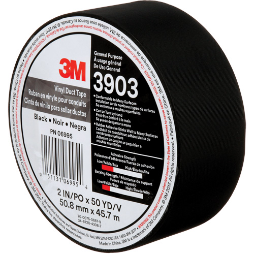 Rubans adh&eacute;sifs en vinyle 3903, 48 mm (2") la x 45 m (148') lo, 6,5 mils, Noir Equipment World
