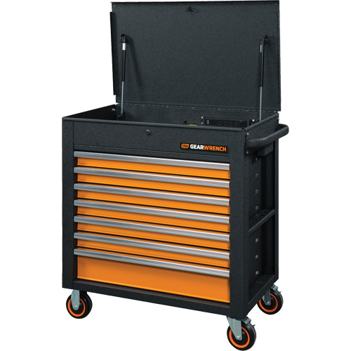 Chariot &agrave; outils s&eacute;rie GSX avec dessus inclin&eacute;, 7 tiroirs, 35" lo x 20" la x 39" h, Noir/Orange Equipment World