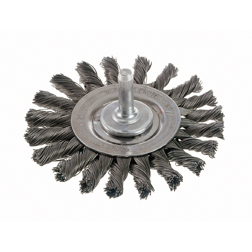 Brosses rotatives &agrave; fils nou&eacute;s - Brosse rotative &agrave; fils nou&eacute;s a/queue 1/4", fils nou&eacute;s standards, Dia. 4", Fils 0,014", Acier inoxydable Equipment World