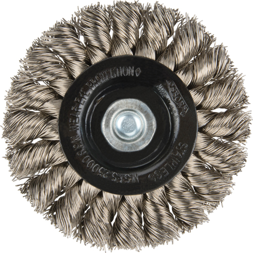 Brosses rotatives &agrave; fils nou&eacute;s - Brosse rotative &agrave; fils nou&eacute;s a/queue 1/4", Fils nou&eacute;s standards, Dia. 3", Fils 0,014", Acier inoxydable Equipment World