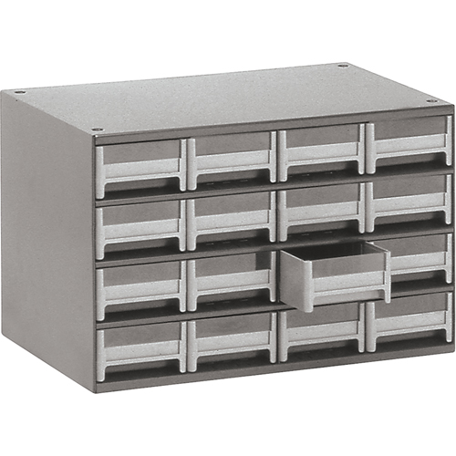 Casiers modulaires pour pi&egrave;ces, Acier, 16 tiroirs, 17" x 10-9/16" x 2-1/8", Gris Equipment World