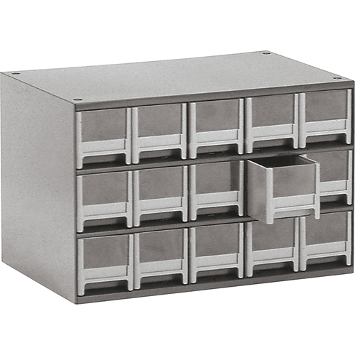 Casiers modulaires pour pi&egrave;ces, Acier, 15 tiroirs, 17" x 10-9/16" x 3-1/16", Gris Equipment World