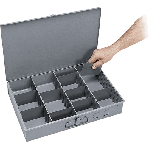 Adjustable Compartment Boxes, Steel, Variable Slots, 18" W x 12" D x 3" H, Grey Equipment World