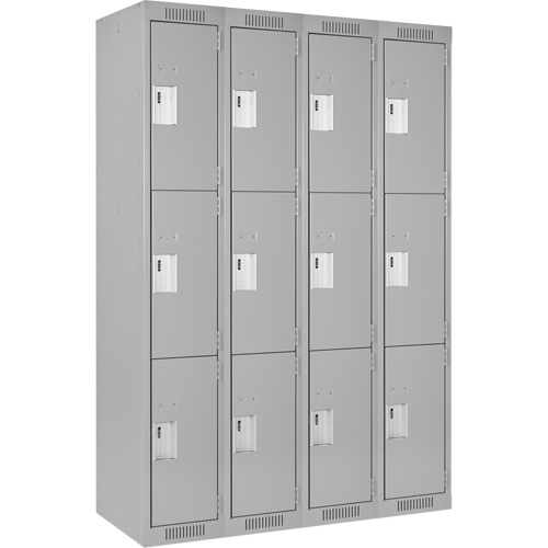 Clean Line Lockers, 3 -tier, Bank of 4, 48" x 18" x 72", Steel, Grey, Rivet (Assembled) Equipment World