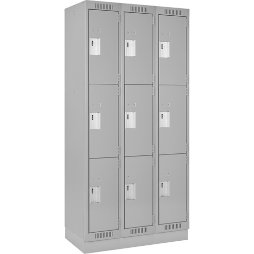 Clean Line Lockers, 3 -tier, Bank of 3, 36" x 18" x 76", Steel, Grey, Rivet (Assembled) Equipment World