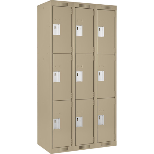Clean Line Lockers, 3 -tier, Bank of 3, 36" x 18" x 72", Steel, Beige, Rivet (Assembled) Equipment World
