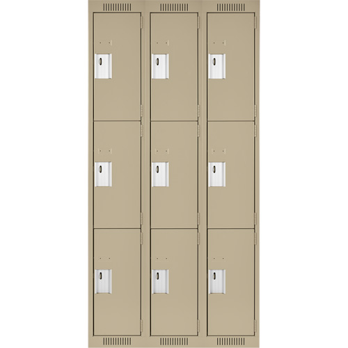 Clean Line Lockers, 3 -tier, Bank of 3, 36" x 18" x 72", Steel, Beige, Rivet (Assembled) Equipment World