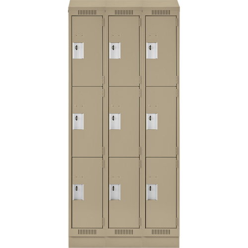 Clean Line Lockers, 3 -tier, Bank of 3, 36" x 18" x 82", Steel, Beige, Rivet (Assembled) Equipment World