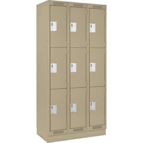 Clean Line Lockers, 3 -tier, Bank of 3, 36" x 18" x 76", Steel, Beige, Rivet (Assembled) Equipment World