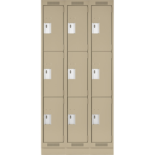 Clean Line Lockers, 3 -tier, Bank of 3, 36" x 18" x 76", Steel, Beige, Rivet (Assembled) Equipment World