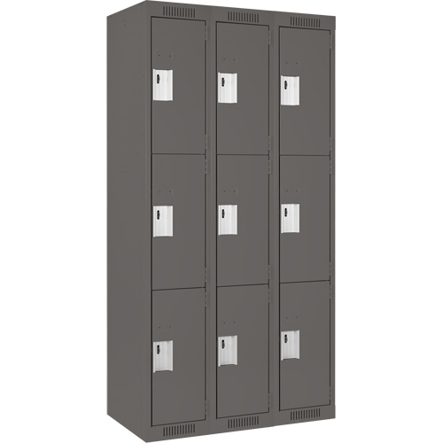 Clean Line Lockers, 3 -tier, Bank of 3, 36" x 18" x 72", Steel, Charcoal, Rivet (Assembled) Equipment World