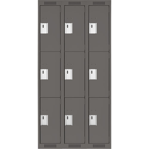 Clean Line Lockers, 3 -tier, Bank of 3, 36" x 18" x 72", Steel, Charcoal, Rivet (Assembled) Equipment World