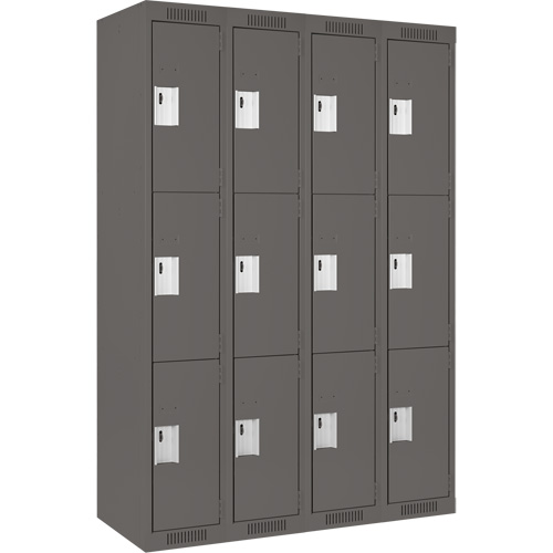 Clean Line Lockers, 3 -tier, Bank of 4, 48" x 18" x 72", Steel, Charcoal, Rivet (Assembled) Equipment World