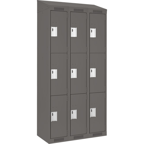 Clean Line Lockers, 3 -tier, Bank of 3, 36" x 18" x 78", Steel, Charcoal, Rivet (Assembled) Equipment World
