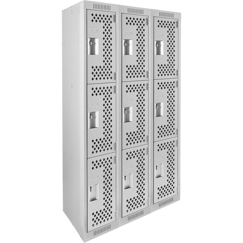 Clean Line Lockers, 3 -tier, Bank of 3, 36" x 12" x 72", Steel, Grey, Rivet (Assembled), Perforated Equipment World