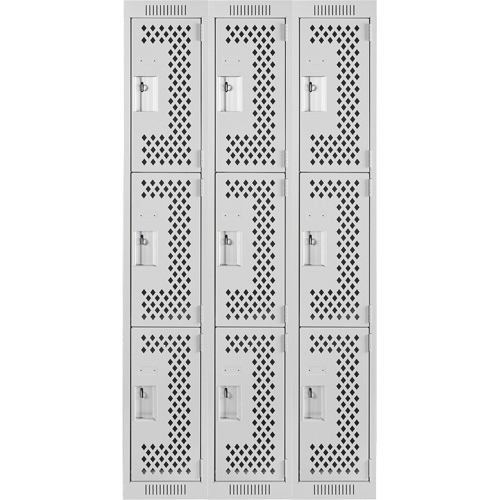 Clean Line Lockers, 3 -tier, Bank of 3, 36" x 12" x 72", Steel, Grey, Rivet (Assembled), Perforated Equipment World