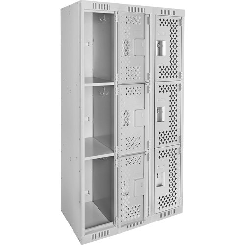 Clean Line Lockers, 3 -tier, Bank of 3, 36" x 12" x 72", Steel, Grey, Rivet (Assembled), Perforated Equipment World
