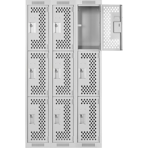Clean Line Lockers, 3 -tier, Bank of 3, 36" x 12" x 72", Steel, Grey, Rivet (Assembled), Perforated Equipment World