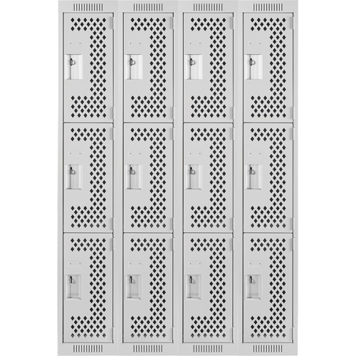 Clean Line Lockers, 3 -tier, Bank of 4, 48" x 12" x 72", Steel, Grey, Rivet (Assembled), Perforated Equipment World