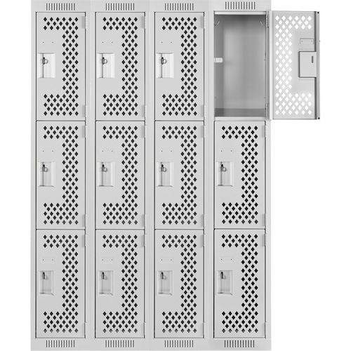 Clean Line Lockers, 3 -tier, Bank of 4, 48" x 12" x 72", Steel, Grey, Rivet (Assembled), Perforated Equipment World