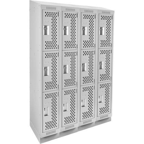 Clean Line Lockers, 3 -tier, Bank of 4, 48" x 18" x 82", Steel, Grey, Rivet (Assembled), Perforated Equipment World