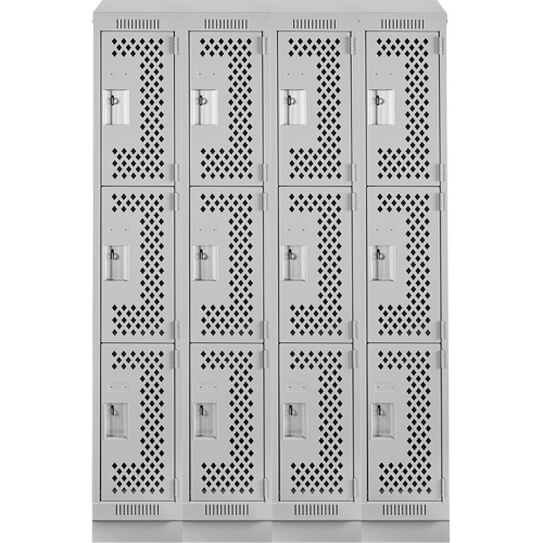 Clean Line Lockers, 3 -tier, Bank of 4, 48" x 18" x 82", Steel, Grey, Rivet (Assembled), Perforated Equipment World