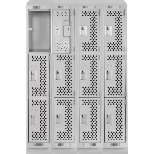Clean Line Lockers, 3 -tier, Bank of 4, 48" x 18" x 82", Steel, Grey, Rivet (Assembled), Perforated Equipment World