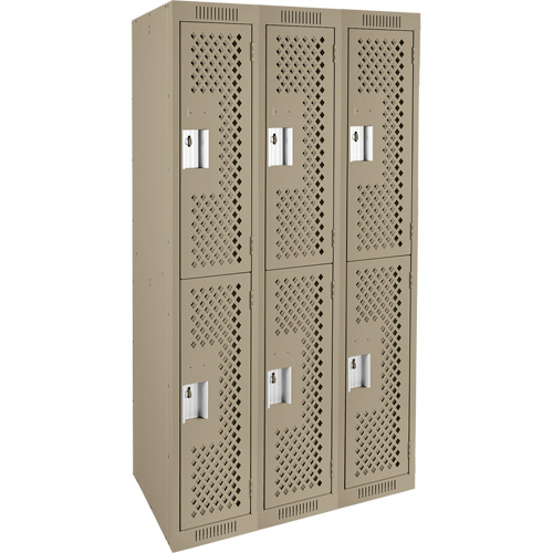 Clean Line Lockers, 2 -tier, Bank of 3, 36" x 12" x 72", Steel, Beige, Rivet (Assembled), Perforated Equipment World