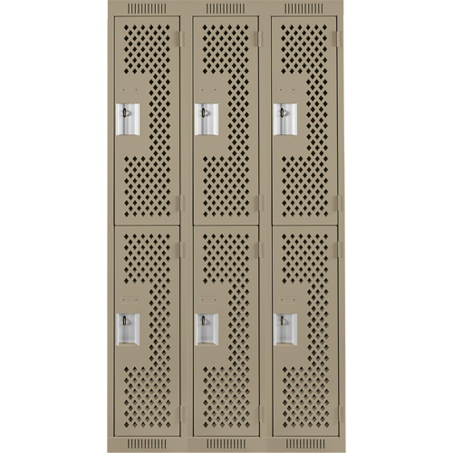 Clean Line Lockers, 2 -tier, Bank of 3, 36" x 12" x 72", Steel, Beige, Rivet (Assembled), Perforated Equipment World
