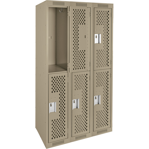 Clean Line Lockers, 2 -tier, Bank of 3, 36" x 12" x 72", Steel, Beige, Rivet (Assembled), Perforated Equipment World