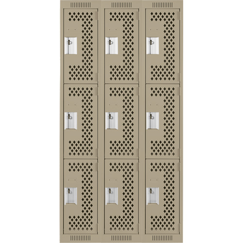 Clean Line Lockers, 3 -tier, Bank of 3, 36" x 12" x 72", Steel, Beige, Rivet (Assembled), Perforated Equipment World