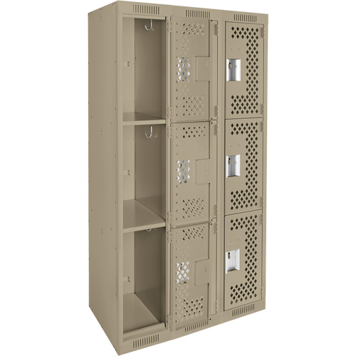 Clean Line Lockers, 3 -tier, Bank of 3, 36" x 12" x 72", Steel, Beige, Rivet (Assembled), Perforated Equipment World