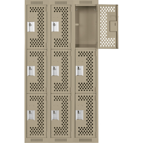 Clean Line Lockers, 3 -tier, Bank of 3, 36" x 12" x 72", Steel, Beige, Rivet (Assembled), Perforated Equipment World