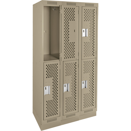 Clean Line Lockers, 2 -tier, Bank of 3, 36" x 18" x 76", Steel, Beige, Rivet (Assembled), Perforated Equipment World