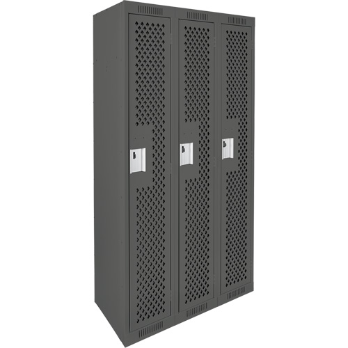 Clean Line Lockers, Bank of 3, 36" x 12" x 72", Steel, Charcoal, Rivet (Assembled), Perforated Equipment World