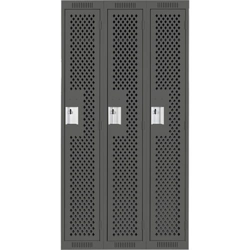 Clean Line Lockers, Bank of 3, 36" x 12" x 72", Steel, Charcoal, Rivet (Assembled), Perforated Equipment World