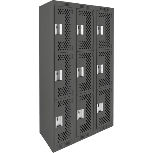 Clean Line Lockers, 3 -tier, Bank of 3, 36" x 12" x 72", Steel, Charcoal, Rivet (Assembled), Perforated Equipment World