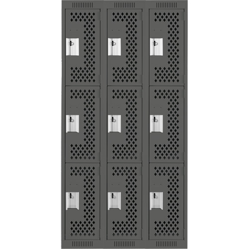 Clean Line Lockers, 3 -tier, Bank of 3, 36" x 12" x 72", Steel, Charcoal, Rivet (Assembled), Perforated Equipment World