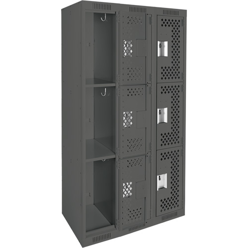 Clean Line Lockers, 3 -tier, Bank of 3, 36" x 12" x 72", Steel, Charcoal, Rivet (Assembled), Perforated Equipment World