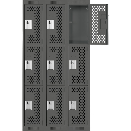 Clean Line Lockers, 3 -tier, Bank of 3, 36" x 12" x 72", Steel, Charcoal, Rivet (Assembled), Perforated Equipment World