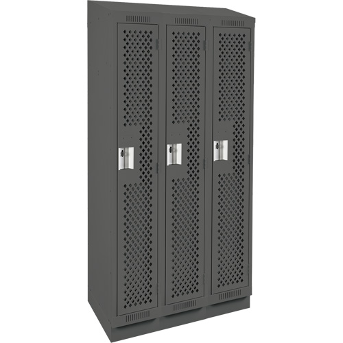 Clean Line Lockers, Bank of 3, 36" x 12" x 82", Steel, Charcoal, Rivet (Assembled), Perforated Equipment World