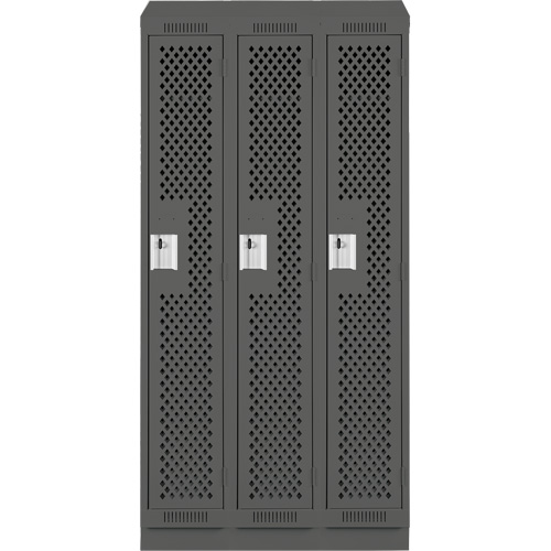 Clean Line Lockers, Bank of 3, 36" x 12" x 82", Steel, Charcoal, Rivet (Assembled), Perforated Equipment World