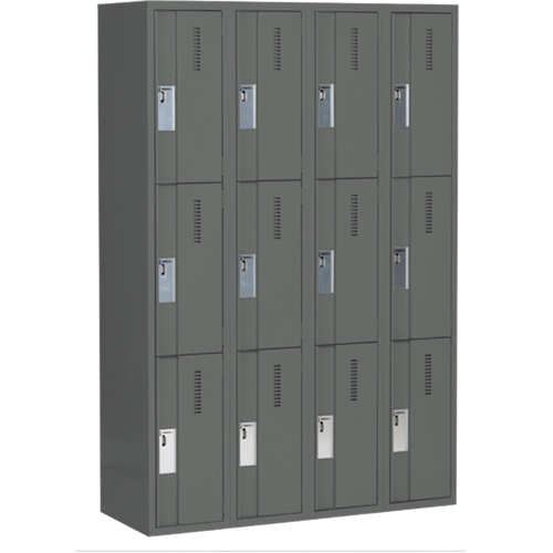 Concorde Heavy-Duty Lockers, 3 -tier, Bank of 4, 48" x 18" x 72", Steel, Charcoal, Welded (Assembled) Equipment World