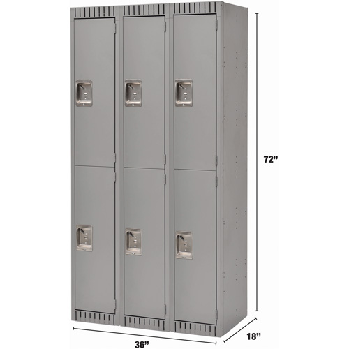 Lockers, 2 -tier, Bank of 3, 36" x 18" x 72", Steel, Grey, Knocked Down Equipment World