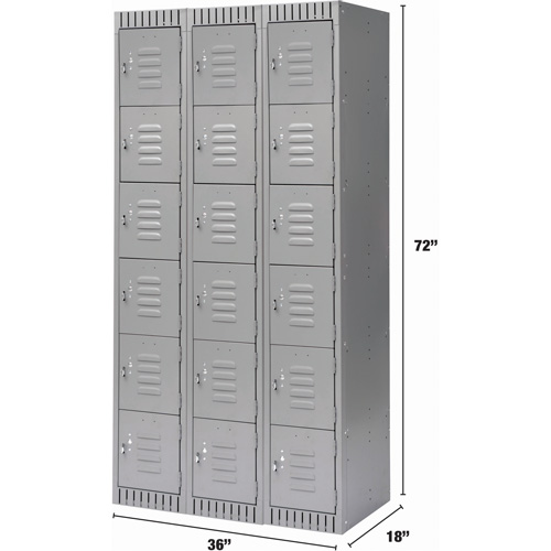 Lockers, 6 -tier, Bank of 3, 36" x 18" x 72", Steel, Grey, Knocked Down Equipment World
